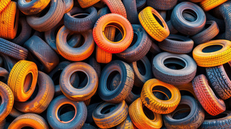 A vibrant and textured composition showcasing a collection of tires in various colors and patterns, creating an abstract and industrial background.の素材