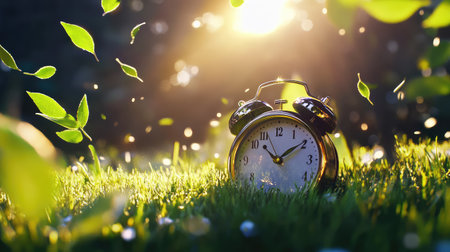 A vintage alarm clock rests on vibrant green grass, surrounded by floating leaves, capturing a serene moment in nature under warm sunlight.の素材