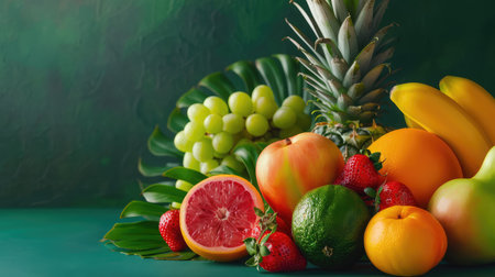 A visually appealing arrangement of fresh fruits, including pineapple, grapes, apples, and citrus, against a rich green backdrop, showcasing vibrant colors and natural beauty.の素材