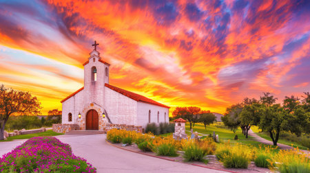 Captivating view of a historic church at sunset, featuring vibrant colors in the sky and surrounded by lush greenery and colorful flowers, evoking tranquility.の素材