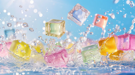 A vibrant display of colorful ice cubes splashing into clear blue water. The scene captures the refreshing essence of summer with sparkling bubbles and bright hues.の素材