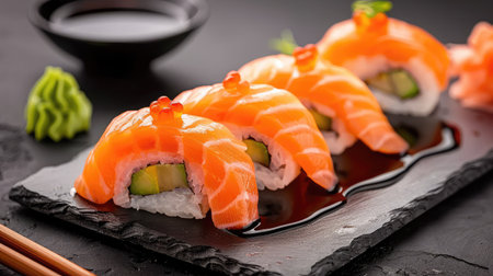 Indulge in exquisite salmon sushi rolls featuring fresh avocado, beautifully plated on a black slate surface with soy sauce. A perfect dining experience.の素材