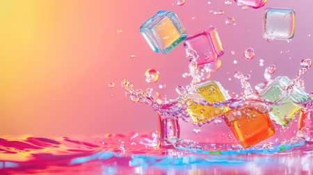 A dynamic scene showcasing colorful ice cubes splashing into clear water, creating droplets against a vibrant pink and orange gradient background, perfect for summer themes.の素材