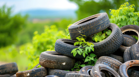 A visually striking image showing a pile of old tires nestled among vibrant greenery, highlighting environmental concerns and waste management.の素材
