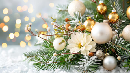 A stunning Christmas decor featuring golden ornaments and a delicate white flower set atop snowy greenery, ideal for festive celebrations and joyful gatherings.の素材