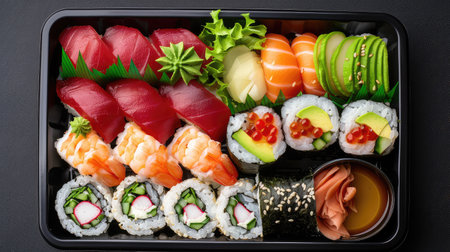 A beautifully arranged sushi platter showcasing a variety of sushi rolls and sashimi. Ideal for food lovers and culinary enthusiasts seeking vibrant meals.の素材
