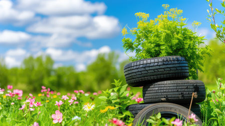 A serene landscape featuring vibrant wildflowers blooming around stacked black tires. This image captures the essence of natureの素材