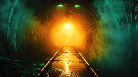 A captivating underground tunnel features a glowing light at the far end, surrounded by atmospheric fog and reflections on the wet ground, creating a mysterious scene.の素材