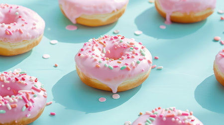 A visually appealing arrangement of pink frosted donuts adorned with colorful sprinkles on a light blue background, perfect for celebrating joyful moments.の素材