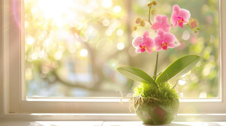 A stunning close-up of pink orchid flowers in a bright window setting, capturing natural beauty and tranquility. The soft bokeh creates a serene atmosphere.の素材