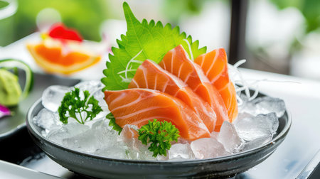 Delight in a beautifully arranged plate of fresh salmon sashimi on ice, garnished with herbs. This image captures the essence of Japanese cuisine, showcasing vibrant colors and textures, perfect for any culinary project.の素材