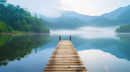 A picturesque view featuring a rustic wooden dock extending into a tranquil lake, surrounded by verdant hills and misty mountains, creating a serene atmosphere.の素材
