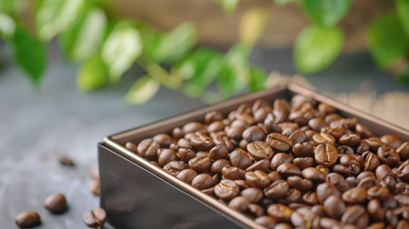 This image captures a close-up view of freshly roasted coffee beans in a vintage metal container. It showcases the rich texture and aroma of the beans, surrounded by lush greenery, emphasizing freshness and natural elements, perfect for coffee lovers and gourmet food enthusiasts.の素材