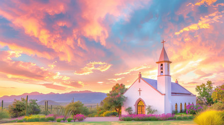 A stunning sunset paints the sky in vibrant hues above a charming white church, nestled amidst lush vegetation and majestic mountains, evoking peace.の素材