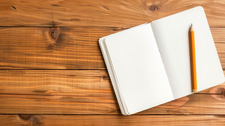 A blank notebook rests open on a rustic wooden table beside a yellow pencil, ideal for capturing thoughts, sketches, or creative ideas in a serene setting.の素材