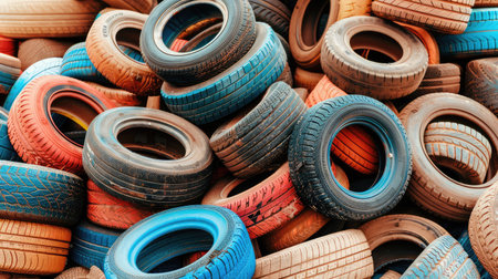 This image showcases a vibrant collection of old tires in various colors and conditions, emphasizing recycling challenges in contemporary environments.の素材