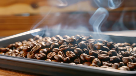 Steaming dark roast coffee beans fill a metal tray, emitting an inviting aroma. This close-up showcases the rich texture and warm setting, perfect for coffee lovers.の素材