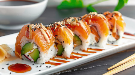 A visually appealing plate of fresh sushi rolls featuring salmon and avocado, drizzled with savory sauce and topped with sesame seeds, ideal for food lovers.の素材