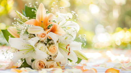 A stunning bouquet featuring elegant white lilies and soft peach roses, surrounded by delicate greenery and petals, perfect for weddings or special occasions.の素材