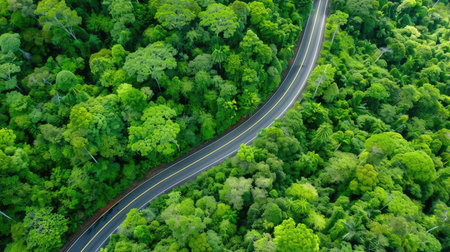 This captivating aerial image showcases a winding road cutting through a vibrant and dense green forest. The lush foliage and vibrant trees create a serene and tranquil environment perfect for nature lovers and adventure seekers.の素材