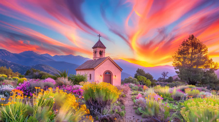A stunning chapel is surrounded by a vibrant flower field under a colorful sunrise sky, creating a serene and peaceful landscape perfect for nature lovers.の素材