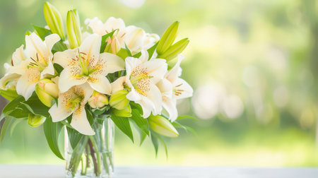 A stunning arrangement of white lilies in a clear glass vase, set against a soft green background, evoking feelings of beauty and tranquility. Perfect for floral themes.の素材