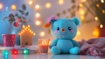 A charming scene featuring a cute knitted bear surrounded by colorful lights and a candle, creating a cozy and warm atmosphere perfect for a home.の素材
