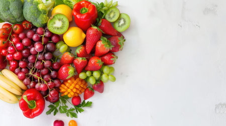 A beautiful arrangement of fresh fruits and vegetables showcases vibrant colors and textures, perfect for health and wellness themes in any culinary setting.の素材