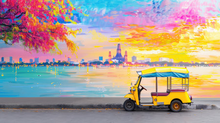 This vibrant scene features a charming yellow tuk-tuk parked by the water, with a colorful mural background depicting a stunning sunset over the city skyline.の素材