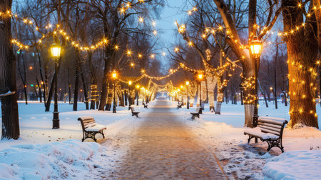 A picturesque winter evening scene featuring a snowy park pathway illuminated by warm, twinkling lights. Serene trees and benches create a cozy atmosphere.の素材