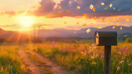 A captivating rural scene featuring a mailbox overflowing with letters and paper aircraft soaring against a stunning sunset backdrop, evoking themes of communication and freedom.の素材