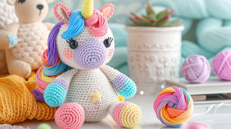 This charming crochet unicorn toy is surrounded by colorful yarn in a cozy, bright room, offering a whimsical touch to childの素材