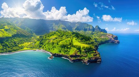 Experience the stunning beauty of a tropical island with lush green mountains rising dramatically above the tranquil blue ocean, under a clear sky.の素材