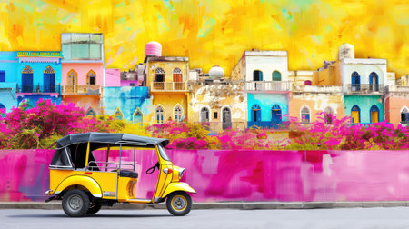 A vibrant auto rickshaw stands against a background of beautifully painted buildings and a colorful mural, showcasing urban culture and travel experiences.の素材