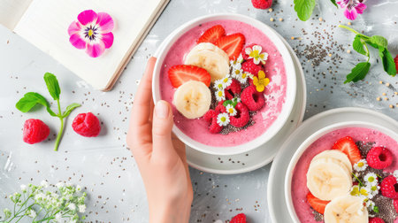 A vibrant image featuring fresh fruit smoothie bowls topped with berries, banana, edible flowers, and mint, set on a rustic table with a notebook, evoking healthy eating.の素材