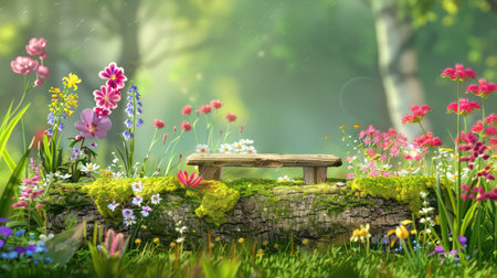 A serene nature scene featuring a rustic wooden bench surrounded by vibrant flowers in a lush green garden. This beautiful setting invites relaxation and tranquility, perfect for outdoor enjoyment and inspiration.の素材