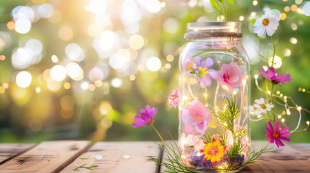 A stunning glass jar filled with assorted vibrant flowers and glowing string lights, set against a softly blurred green background, captures the essence of nature's beauty.の素材