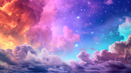 This stunning image captures a vibrant sky filled with colorful clouds and twinkling stars, creating a breathtaking atmospheric scene. Perfect for various creative projects.の素材