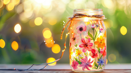 A beautifully decorated glass jar features vibrant floral designs and glowing lights, creating a warm, inviting ambiance perfect for outdoor relaxation or home decor.の素材