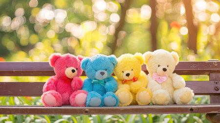 Four colorful plush teddy bears sit on a park bench, radiating joy and warmth. The vibrant background features soft bokeh lights and lush greenery.の素材