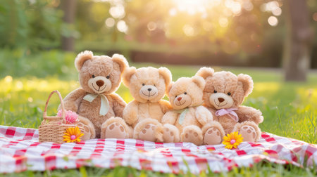 A charming arrangement of teddy bears sitting on a picnic blanket, surrounded by flowers in a sunny park setting, evokes feelings of innocence and joy.の素材