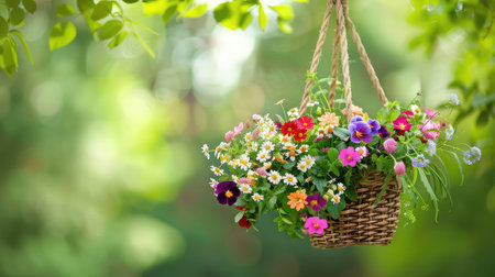 A beautiful hanging flower basket filled with a variety of colorful blossoms set against a soft green garden backdrop, evoking a serene and vibrant atmosphere.の素材