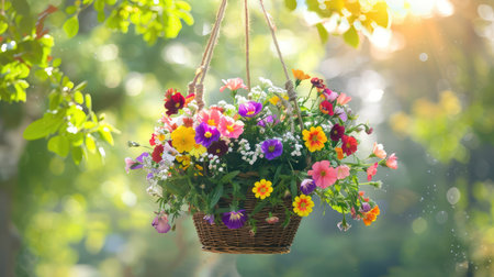 A stunning hanging basket filled with colorful flowers brightens up a serene garden setting. Sunlight filters through lush greenery, enhancing the beauty.の素材