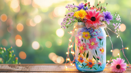 A stunning illustration of a glass jar filled with vibrant flowers, illuminated by gentle twinkling lights, creating a serene summer ambiance in nature.の素材