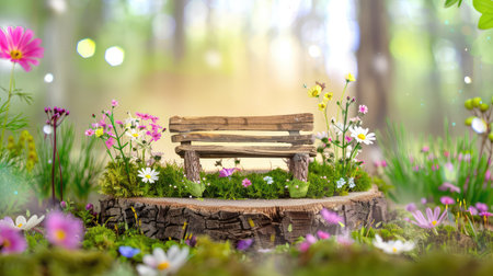 A rustic wooden bench sits at the heart of a vibrant floral scene, surrounded by colorful blooms and lush greenery, capturing the essence of tranquility and nature.の素材
