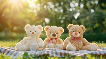Three cute teddy bears sit on a picnic blanket in a sunlit garden, creating a heartwarming scene that evokes feelings of joy and childhood innocence.の素材