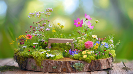 A captivating woodland scene featuring a charming wooden bench surrounded by an array of colorful flowers and lush greenery on a natural log slice.の素材
