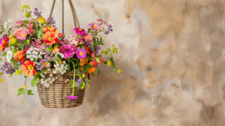 A beautiful arrangement of vibrant flowers in a woven basket suspended against a textured brown wall, illuminating the charm of nature.の素材