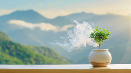 A serene green plant in a stylish white pot emits delicate smoke, surrounded by an inspiring mountain landscape, capturing a moment of tranquility and beauty.の素材