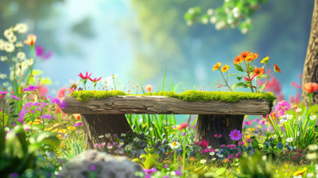 A charming garden scene featuring a rustic wooden bench covered in moss, surrounded by a vibrant array of colorful flowers and soft, filtered sunlight.の素材